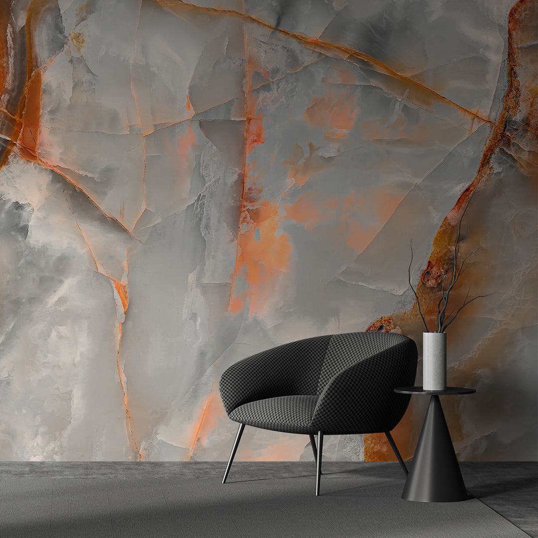 Fire and Ice Marble Wallpaper with Dynamic Orange Veining