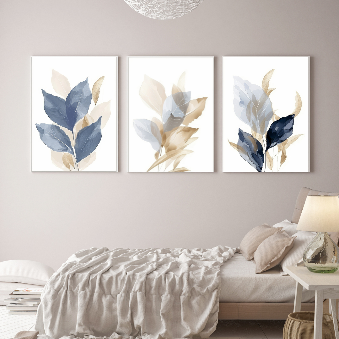 Decorative Frames Bedroom Blue Leaves Set 3 pieces